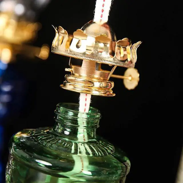 Alt view image 5 of 6 - Rustic Oil Lamp Lantern Vintage Green Glass Kerosene Lamp 12.5''Chamber Oil Lamps for Indoor Use Home Decor Classic Old Hurricane Oil Lamp for Emergency Lighting