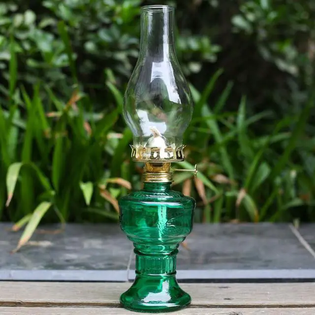 Alt view image 3 of 6 - Rustic Oil Lamp Lantern Vintage Green Glass Kerosene Lamp 12.5''Chamber Oil Lamps for Indoor Use Home Decor Classic Old Hurricane Oil Lamp for Emergency Lighting
