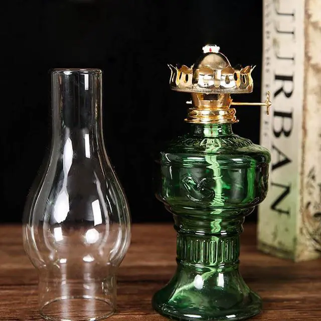 Alt view image 6 of 6 - Rustic Oil Lamp Lantern Vintage Green Glass Kerosene Lamp 12.5''Chamber Oil Lamps for Indoor Use Home Decor Classic Old Hurricane Oil Lamp for Emergency Lighting