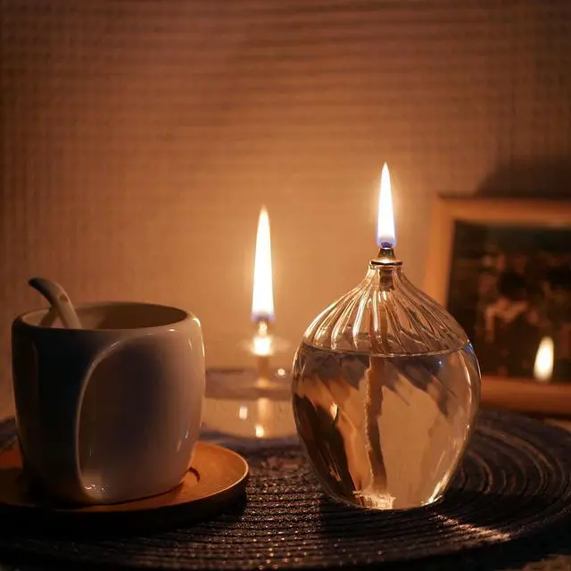 Alt view image 2 of 7 - Refillable Liquid Petite Glass Oil lamp, Sturdy Borosillicate Glass Oil Candle, Unique Internal Thread Appearance for Fine Dining & Restaurants or Home