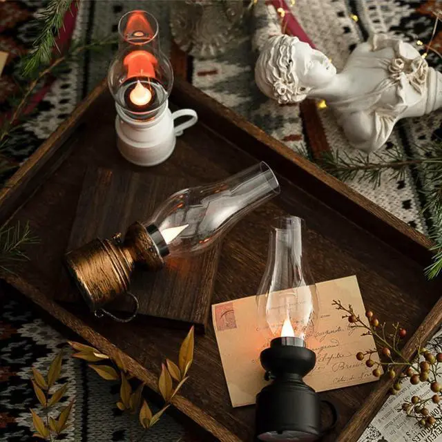 Alt view image 3 of 7 - Vintage Flameless Table Lamp - LED Kerosene Lantern Clear Hurricane Lamp Battery Operated Nightstand for Bedroom Home Decor, Emergency Power Outage, Garden & Meditation