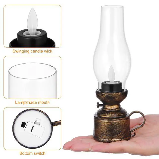 Alt view image 6 of 7 - Vintage Flameless Table Lamp - LED Kerosene Lantern Clear Hurricane Lamp Battery Operated Nightstand for Bedroom Home Decor, Emergency Power Outage, Garden & Meditation