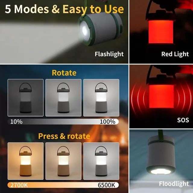 Alt view image 2 of 7 - LED Camping Lantern Rechargeable, 800LM, 230Hours Runtime, 5 Modes Camping Light with Red Light, IPX4 Waterproof Lantern Flashlight for Hurricane,Emergency,Power Outages,Home,Hiking