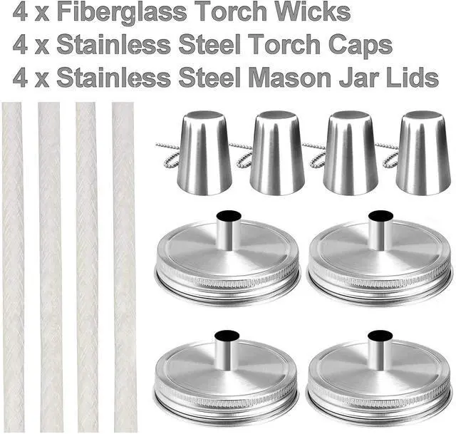 Alt view image 6 of 7 - Mason Jar Tabletop Torch Kits,4 Pack Longlife Fiberglass Wicks,Stainless Steel Mason Jar Lids Caps Included,Outdoor Deck Oil Lamp Torch,Patio Xmas Decor