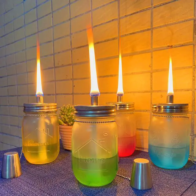 Alt view image 7 of 7 - Mason Jar Tabletop Torch Kits,4 Pack Longlife Fiberglass Wicks,Stainless Steel Mason Jar Lids Caps Included,Outdoor Deck Oil Lamp Torch,Patio Xmas Decor