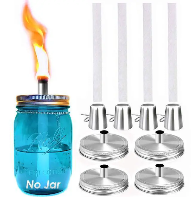 Main image of Mason Jar Tabletop Torch Kits,4 Pack Longlife Fiberglass Wicks,Stainless Steel Mason Jar Lids Caps Included,Outdoor Deck Oil Lamp Torch,Patio Xmas Decor