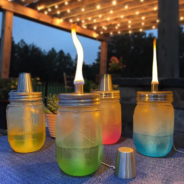 Alt view image 2 of 7 - Mason Jar Tabletop Torch Kits,4 Pack Longlife Fiberglass Wicks,Stainless Steel Mason Jar Lids Caps Included,Outdoor Deck Oil Lamp Torch,Patio Xmas Decor