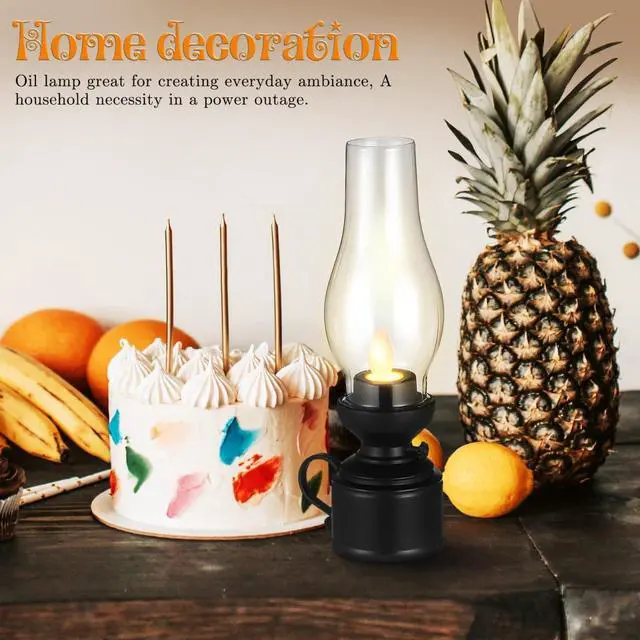 Alt view image 3 of 7 - Kerosene Lamp Vintage Flameless Table Lamp Led Kerosene Lantern Clear Hurricane Lamp Battery Operated Nightstand for Bedroom Living Room Black