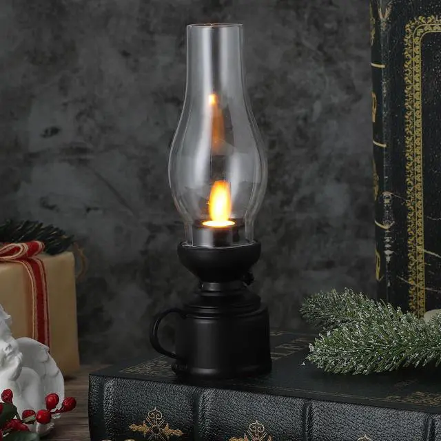 Alt view image 4 of 7 - Kerosene Lamp Vintage Flameless Table Lamp Led Kerosene Lantern Clear Hurricane Lamp Battery Operated Nightstand for Bedroom Living Room Black