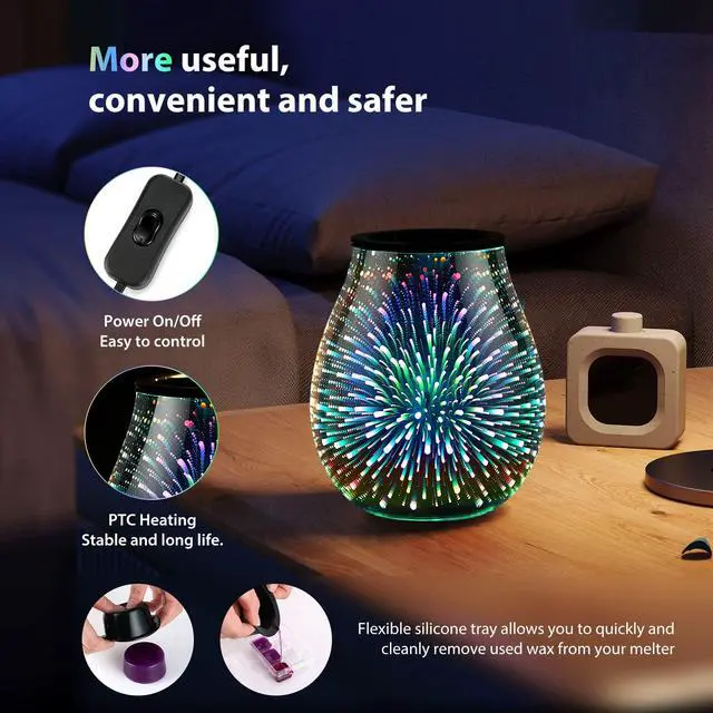 Alt view image 3 of 6 - Glass Electric Wax Melt Warmer Oil Burner with Stable Heating PTC Reusable Silicone Tray 7 Colorful Changing Led Light Night Light Scent Warmer for Home Fragrance Warmers-Firework