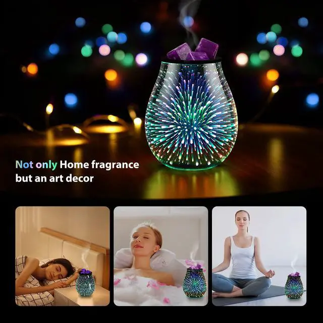Alt view image 6 of 6 - Glass Electric Wax Melt Warmer Oil Burner with Stable Heating PTC Reusable Silicone Tray 7 Colorful Changing Led Light Night Light Scent Warmer for Home Fragrance Warmers-Firework
