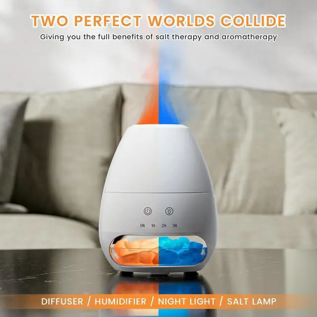 Alt view image 2 of 7 - Ultrasonic Essential Oil Diffuser with Himalayan Salt Rock,Flame Diffuser with 2 Color Light,Aromatherapy Oil Diffuser with Auto Off Function for Home, Office,Spa,100ML