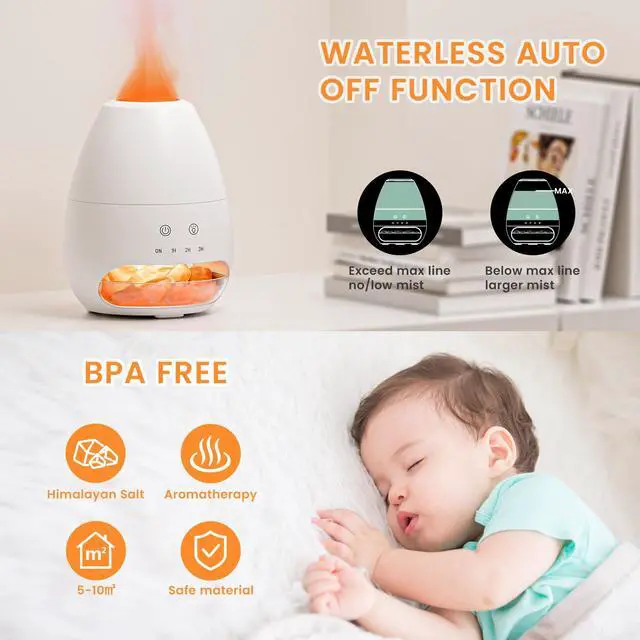Alt view image 4 of 7 - Ultrasonic Essential Oil Diffuser with Himalayan Salt Rock,Flame Diffuser with 2 Color Light,Aromatherapy Oil Diffuser with Auto Off Function for Home, Office,Spa,100ML