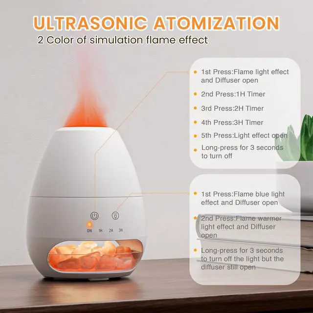 Alt view image 5 of 7 - Ultrasonic Essential Oil Diffuser with Himalayan Salt Rock,Flame Diffuser with 2 Color Light,Aromatherapy Oil Diffuser with Auto Off Function for Home, Office,Spa,100ML