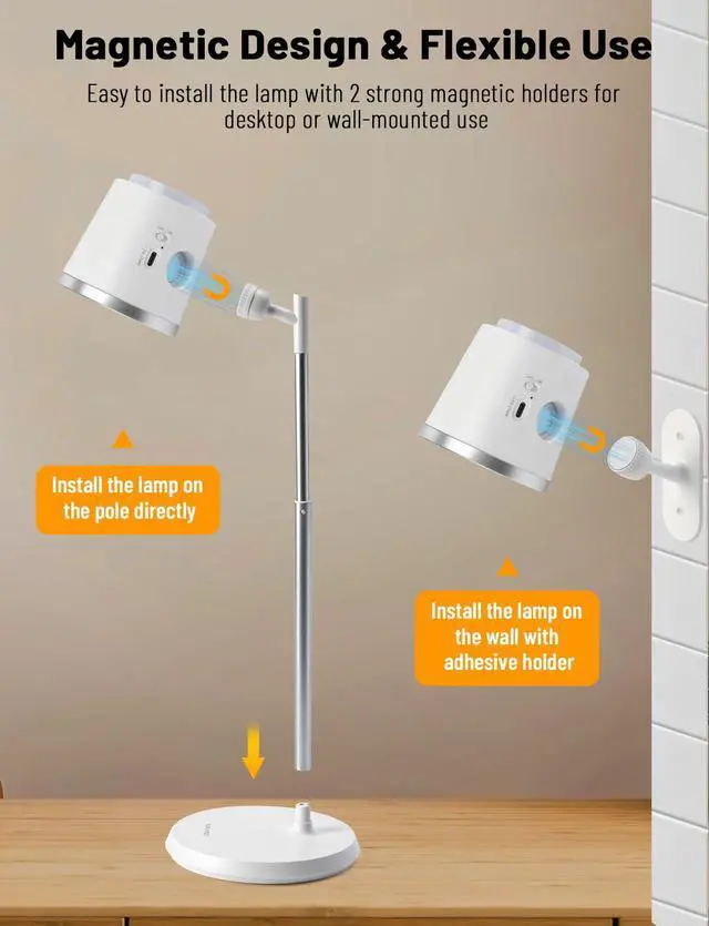 Alt view image 2 of 7 - Cordless Desk Lamp, Magnetic Wall Mount LED Light, Portable Warm Night Light, Rechargeable Battery Powered Lamp, Dimmable Brightness & 3 Color Modes, Table Light for Reading, Work, Bedroom, Hallway
