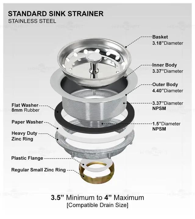 Alt view image 5 of 7 - 9733 Kitchen Sink (3-1/2'' Inch) Stainless Steel Drain Assembly With Strainer Basket-and Rubber Stopper, 3.5