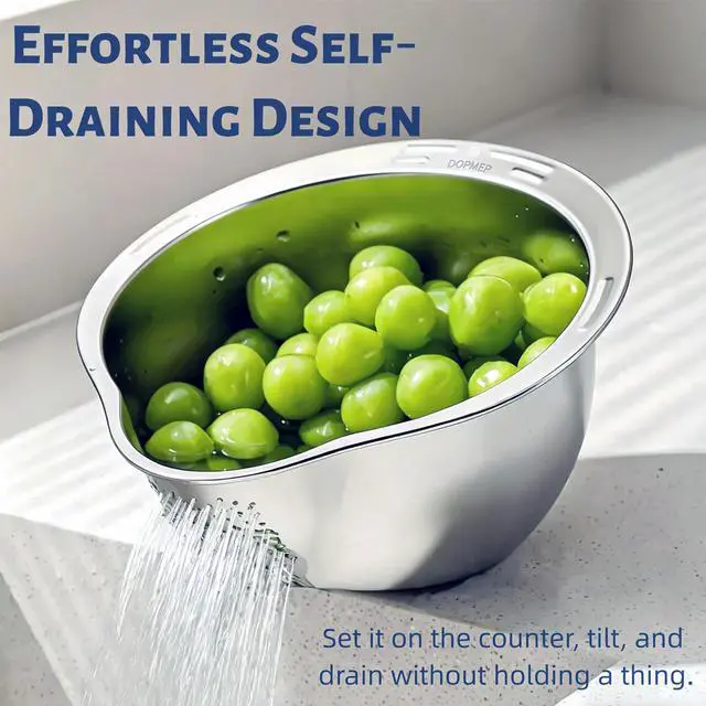 Alt view image 5 of 7 - Rice Washer Strainer Bowl Stainless Steel Colander with Side Drainer