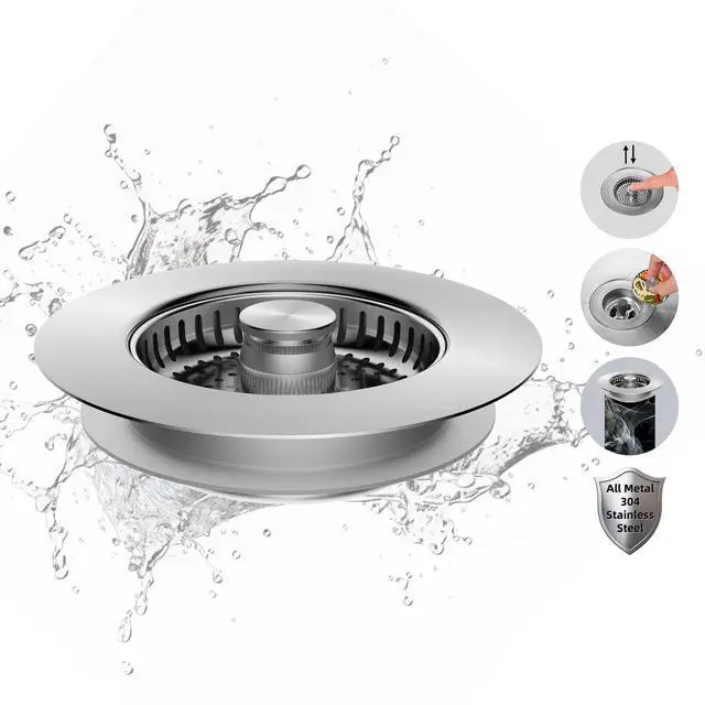 Main image of All Metal Stainless Steel 3 in 1 Kitchen Sink Drain Strainer, Upgraded Anti-Rust Sink Stop Combo, Anti-Clogging Stainless Steel Basket Strainer with Metal Handle for US Standard 3-1/2" Drain