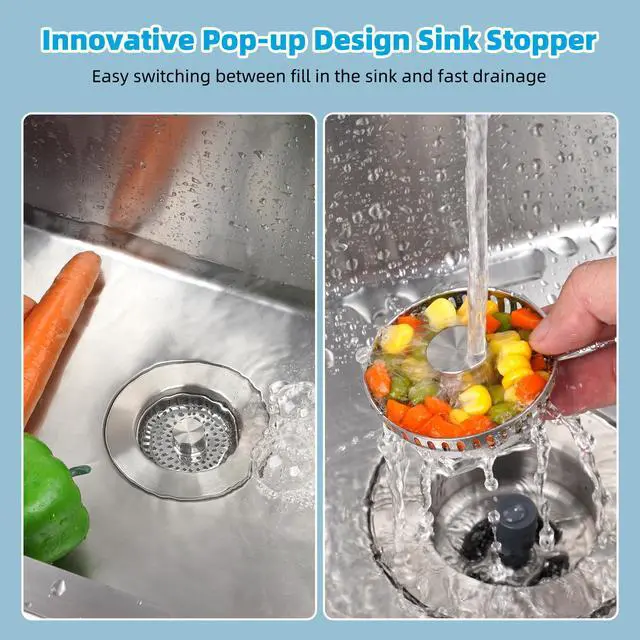 Alt view image 2 of 7 - All Metal Stainless Steel 3 in 1 Kitchen Sink Drain Strainer, Upgraded Anti-Rust Sink Stop Combo, Anti-Clogging Stainless Steel Basket Strainer with Metal Handle for US Standard 3-1/2" Drain