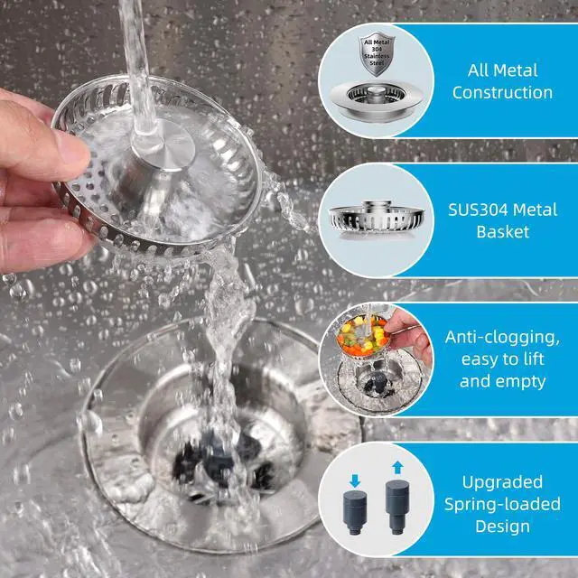 Alt view image 3 of 7 - All Metal Stainless Steel 3 in 1 Kitchen Sink Drain Strainer, Upgraded Anti-Rust Sink Stop Combo, Anti-Clogging Stainless Steel Basket Strainer with Metal Handle for US Standard 3-1/2" Drain