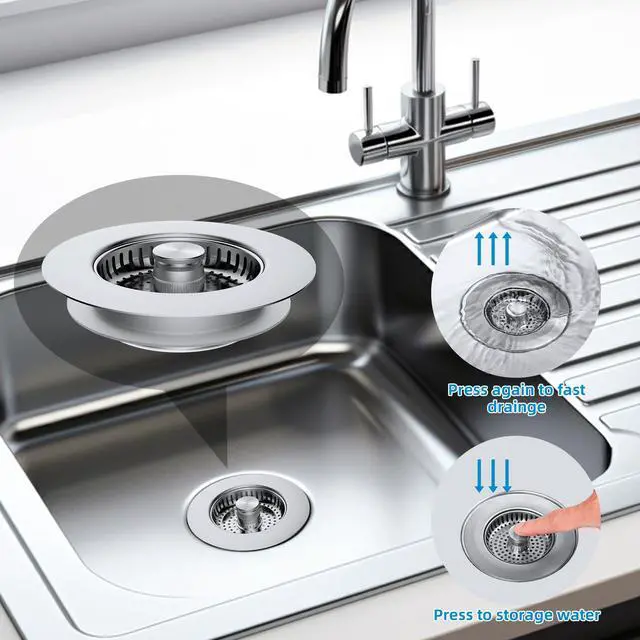 Alt view image 4 of 7 - All Metal Stainless Steel 3 in 1 Kitchen Sink Drain Strainer, Upgraded Anti-Rust Sink Stop Combo, Anti-Clogging Stainless Steel Basket Strainer with Metal Handle for US Standard 3-1/2" Drain