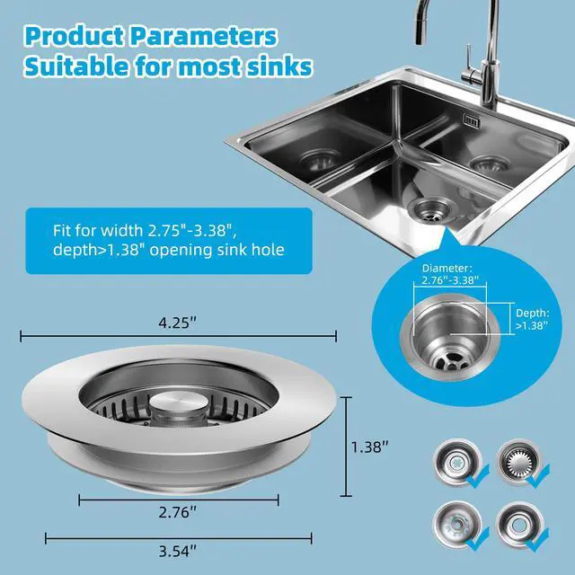 Alt view image 7 of 7 - All Metal Stainless Steel 3 in 1 Kitchen Sink Drain Strainer, Upgraded Anti-Rust Sink Stop Combo, Anti-Clogging Stainless Steel Basket Strainer with Metal Handle for US Standard 3-1/2" Drain