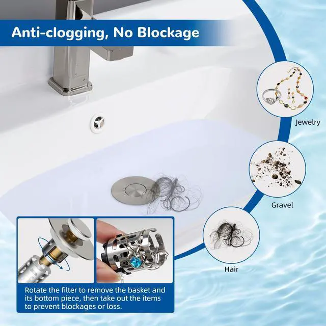 Alt view image 2 of 7 - Upgraded 3 in 1 Bathroom Sink Drain Strainer, Universal Pop Up Stopper with Removable Stainless Steel Filter Basket Hair Catcher, Sink Plug for 1.1''~2.36'' Basin, Brass Core, Brushed Nickel