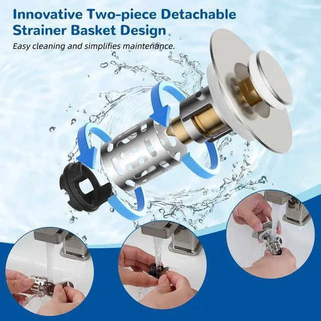 Alt view image 4 of 7 - Upgraded 3 in 1 Bathroom Sink Drain Strainer, Universal Pop Up Stopper with Removable Stainless Steel Filter Basket Hair Catcher, Sink Plug for 1.1''~2.36'' Basin, Brass Core, Brushed Nickel