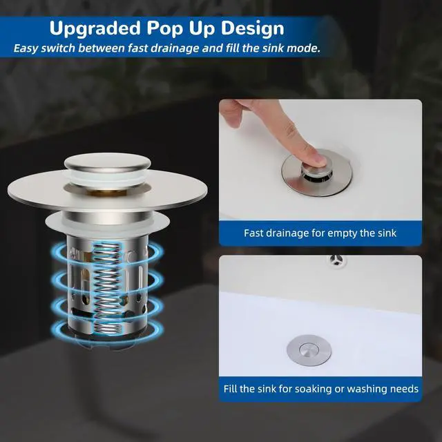 Alt view image 6 of 7 - Upgraded 3 in 1 Bathroom Sink Drain Strainer, Universal Pop Up Stopper with Removable Stainless Steel Filter Basket Hair Catcher, Sink Plug for 1.1''~2.36'' Basin, Brass Core, Brushed Nickel