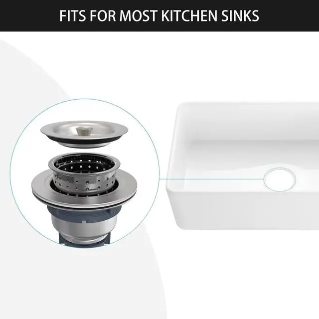 Alt view image 5 of 7 - Kitchen Sink Drain Assembly Kit, 3-1/2 Inch Brushed 304 Stainless Steel Basket Strainer with Deep Removable Basket, Stopper & Cover Lid, Fits Standard Kitchen Sinks