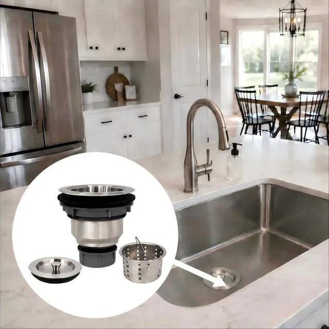 Alt view image 7 of 7 - Kitchen Sink Drain Assembly Kit, 3-1/2 Inch Brushed 304 Stainless Steel Basket Strainer with Deep Removable Basket, Stopper & Cover Lid, Fits Standard Kitchen Sinks