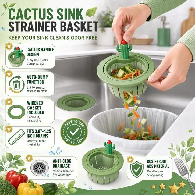 Alt view image 2 of 7 - Upgraded Cactus Sink Strainer Basket with Widened Gasket, Green Kitchen Sink Strainer Fits 3.07"-4.25" Drains, Automatic Dumping Sink Filter Basket for Anti-Clog Food Catching (0.11 lbs, 1 Pack)