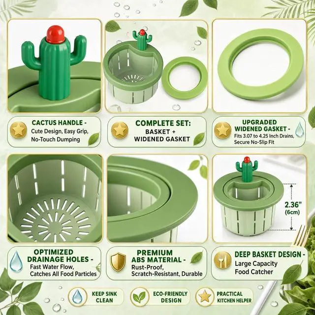 Alt view image 4 of 7 - Upgraded Cactus Sink Strainer Basket with Widened Gasket, Green Kitchen Sink Strainer Fits 3.07"-4.25" Drains, Automatic Dumping Sink Filter Basket for Anti-Clog Food Catching (0.11 lbs, 1 Pack)