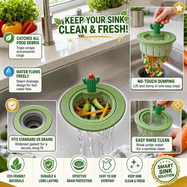 Alt view image 3 of 7 - Upgraded Cactus Sink Strainer Basket with Widened Gasket, Green Kitchen Sink Strainer Fits 3.07"-4.25" Drains, Automatic Dumping Sink Filter Basket for Anti-Clog Food Catching (0.11 lbs, 1 Pack)
