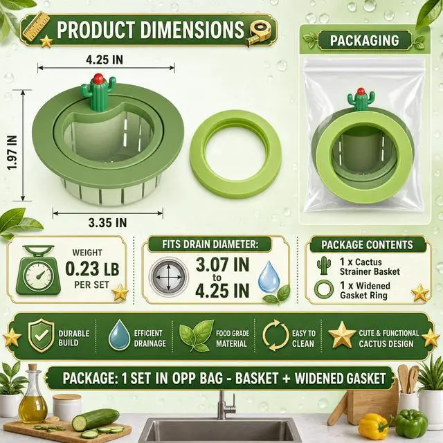 Alt view image 5 of 7 - Upgraded Cactus Sink Strainer Basket with Widened Gasket, Green Kitchen Sink Strainer Fits 3.07"-4.25" Drains, Automatic Dumping Sink Filter Basket for Anti-Clog Food Catching (0.11 lbs, 1 Pack)