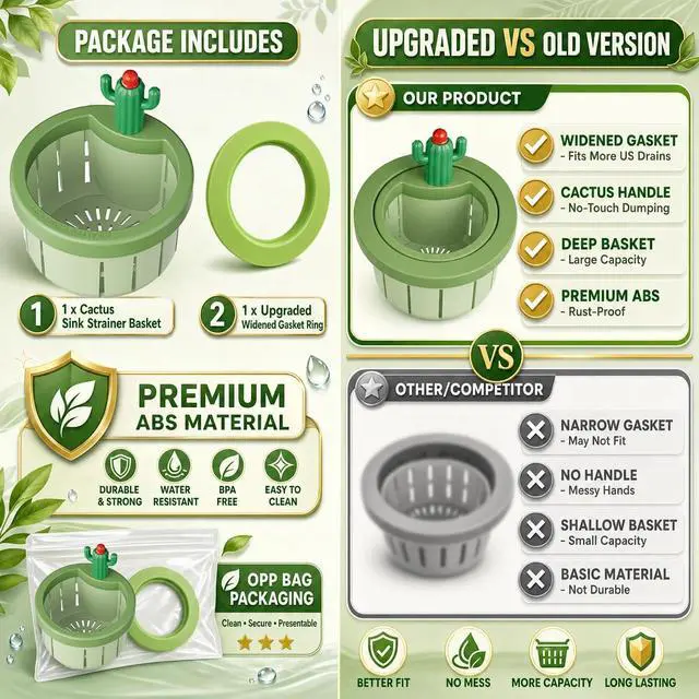 Alt view image 6 of 7 - Upgraded Cactus Sink Strainer Basket with Widened Gasket, Green Kitchen Sink Strainer Fits 3.07"-4.25" Drains, Automatic Dumping Sink Filter Basket for Anti-Clog Food Catching (0.11 lbs, 1 Pack)