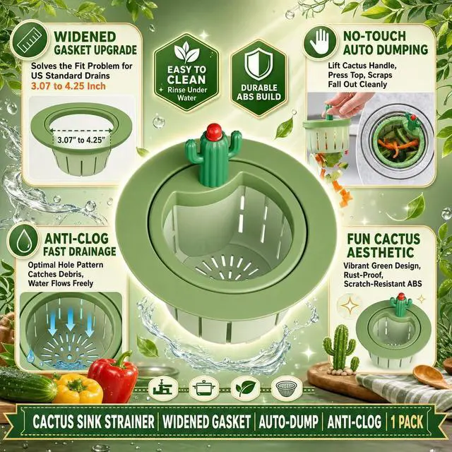 Alt view image 7 of 7 - Upgraded Cactus Sink Strainer Basket with Widened Gasket, Green Kitchen Sink Strainer Fits 3.07"-4.25" Drains, Automatic Dumping Sink Filter Basket for Anti-Clog Food Catching (0.11 lbs, 1 Pack)