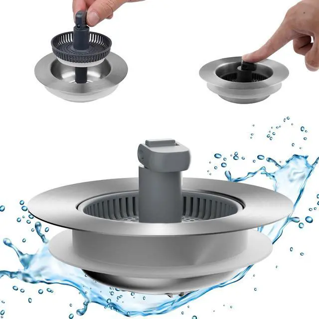 Main image of Upgraded 3 in 1 Kitchen Sink Drain Strainer and Stopper Combo, Stainless Steel Metal Pop Up Sink Stopper, Anti-Clogging Basket with Foldable Handle for US Standard 3-1/2 Inch Drain