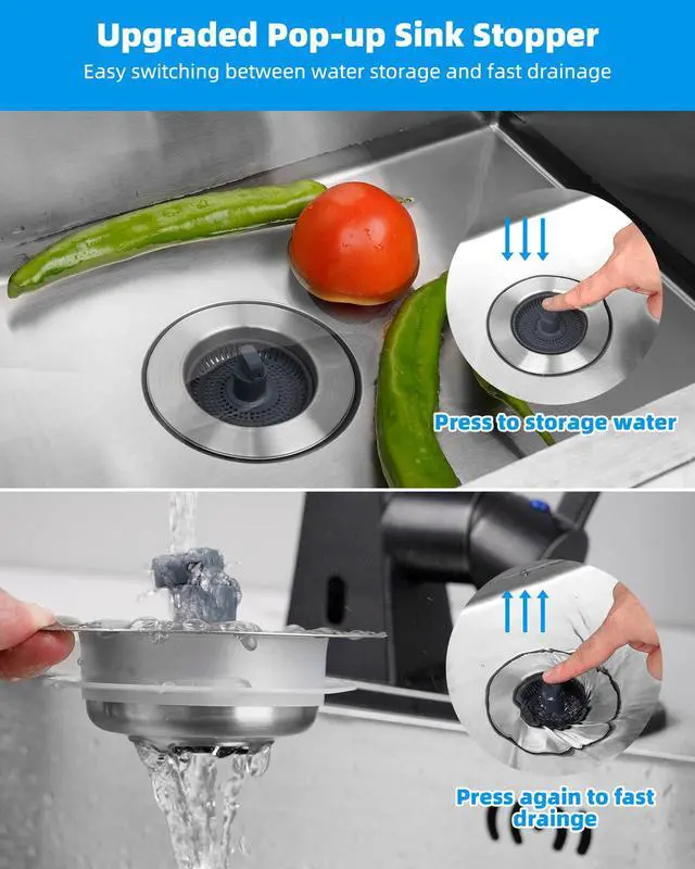Alt view image 3 of 7 - Upgraded 3 in 1 Kitchen Sink Drain Strainer and Stopper Combo, Stainless Steel Metal Pop Up Sink Stopper, Anti-Clogging Basket with Foldable Handle for US Standard 3-1/2 Inch Drain
