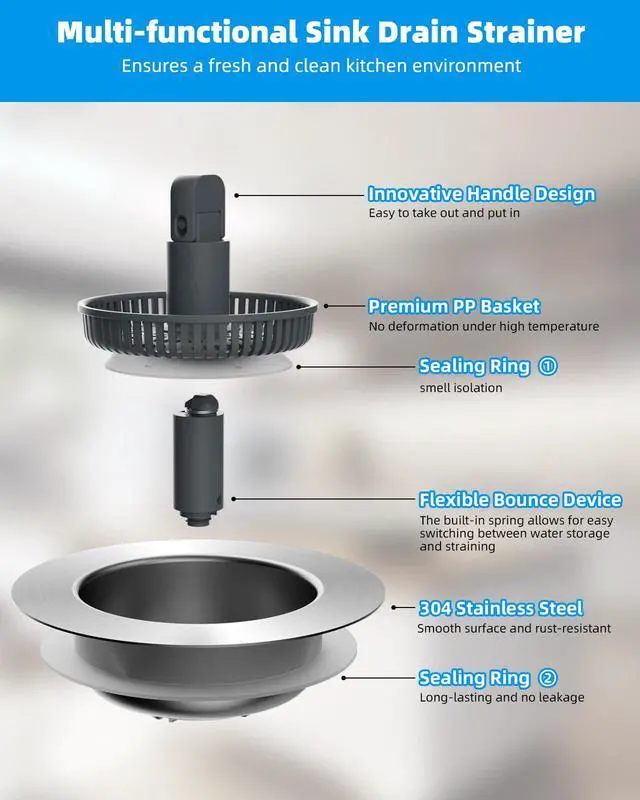 Alt view image 5 of 7 - Upgraded 3 in 1 Kitchen Sink Drain Strainer and Stopper Combo, Stainless Steel Metal Pop Up Sink Stopper, Anti-Clogging Basket with Foldable Handle for US Standard 3-1/2 Inch Drain