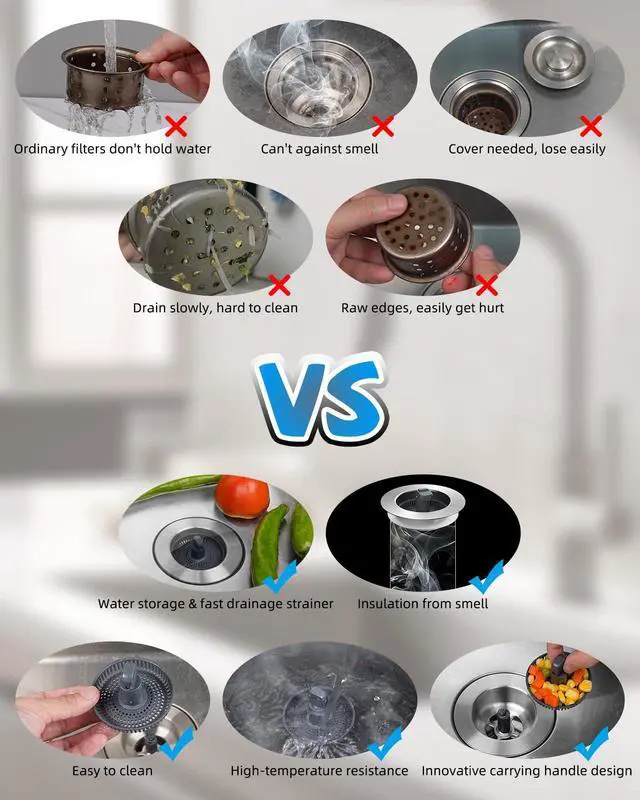 Alt view image 4 of 7 - Upgraded 3 in 1 Kitchen Sink Drain Strainer and Stopper Combo, Stainless Steel Metal Pop Up Sink Stopper, Anti-Clogging Basket with Foldable Handle for US Standard 3-1/2 Inch Drain