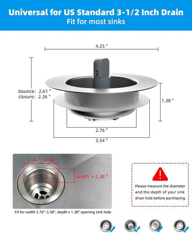 Alt view image 7 of 7 - Upgraded 3 in 1 Kitchen Sink Drain Strainer and Stopper Combo, Stainless Steel Metal Pop Up Sink Stopper, Anti-Clogging Basket with Foldable Handle for US Standard 3-1/2 Inch Drain