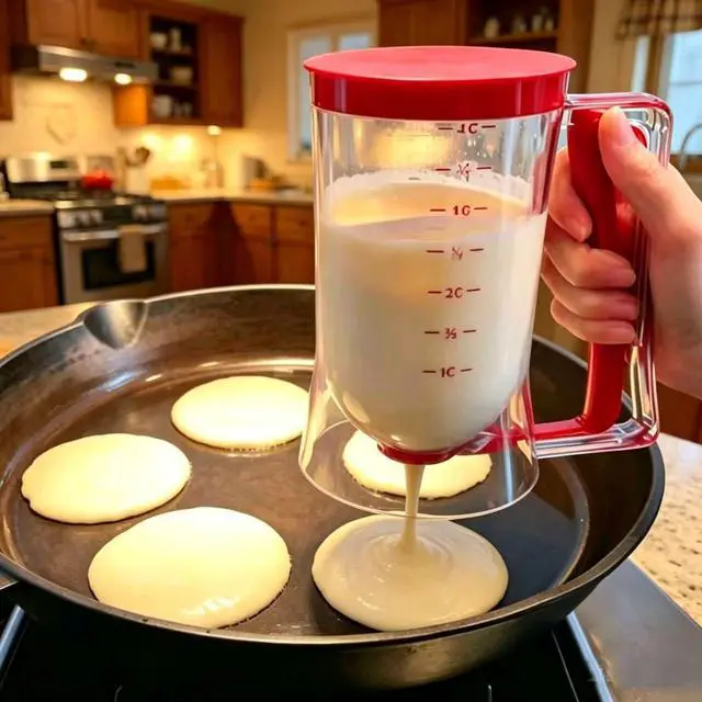 Alt view image 2 of 7 - Pancake Batter Dispenser 4-Cup Batter Dispenser with Squeeze Handle & Measuring Marks for Pancakes, Waffles, Muffins, Crepes & Cupcakes Baking Tool(Red)