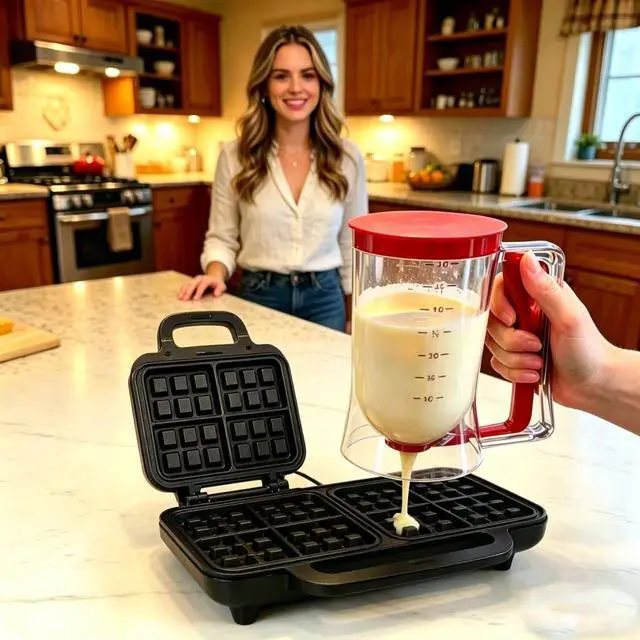Alt view image 4 of 7 - Pancake Batter Dispenser 4-Cup Batter Dispenser with Squeeze Handle & Measuring Marks for Pancakes, Waffles, Muffins, Crepes & Cupcakes Baking Tool(Red)