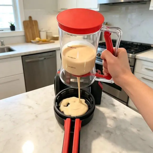 Alt view image 6 of 7 - Pancake Batter Dispenser 4-Cup Batter Dispenser with Squeeze Handle & Measuring Marks for Pancakes, Waffles, Muffins, Crepes & Cupcakes Baking Tool(Red)