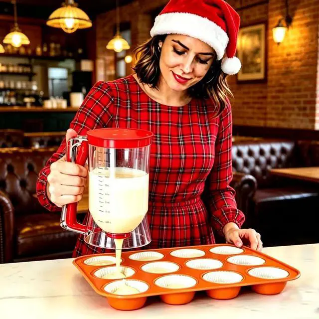 Alt view image 3 of 7 - Pancake Batter Dispenser 4-Cup Batter Dispenser with Squeeze Handle & Measuring Marks for Pancakes, Waffles, Muffins, Crepes & Cupcakes Baking Tool(Red)