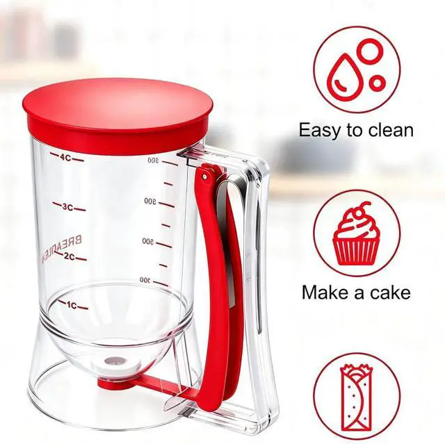 Alt view image 7 of 7 - Pancake Batter Dispenser 4-Cup Batter Dispenser with Squeeze Handle & Measuring Marks for Pancakes, Waffles, Muffins, Crepes & Cupcakes Baking Tool(Red)