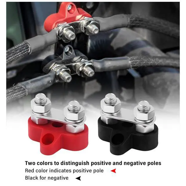 Alt view image 6 of 7 - 2PCS Battery Terminal Distribution Block,M8 Dual Studs Bus Bar Terminal Block with Battery Terminals Top Post,Negative & Positive 12V Power Distribution Block for Car Truck Marine
