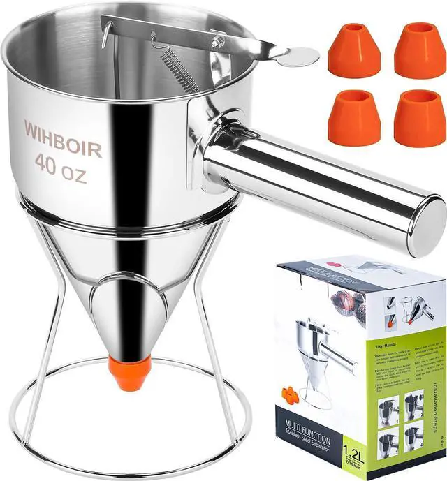 Main image of 40oz Stainless Steel Pancake Batter Dispenser Multi-Nozzle, Funnel Tool