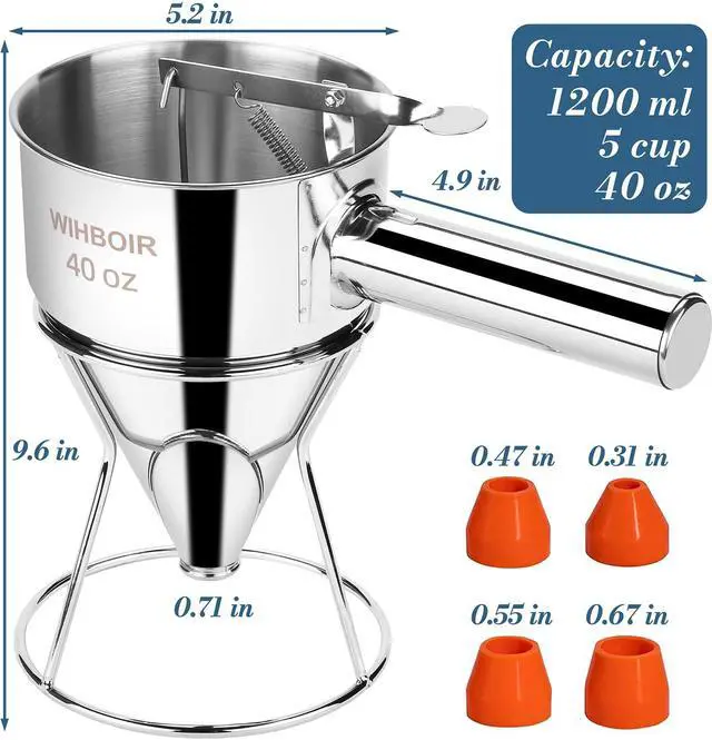 Alt view image 2 of 6 - 40oz Stainless Steel Pancake Batter Dispenser Multi-Nozzle, Funnel Tool